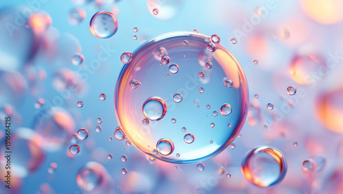 Hyaluronic acid molecules floating in vibrant liquid background for skincare and cosmetics industry, Hyaluronic acid skin solutions ad, collagen serum drops. cosmetics advertising background