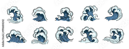 Ocean storm wave set. Japanese water crashing wave Retro cartoon crashing splash tide blue waves, japan sea vintage wound ash curls drawings isolated on background vector illustration