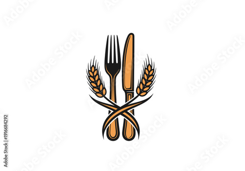 Elegant Fork and Knife with Wheat Stalks Logo Design.