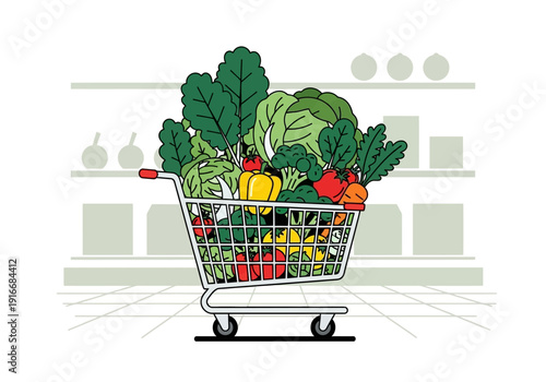 Full Shopping Cart Overflowing with Fresh Vegetables.