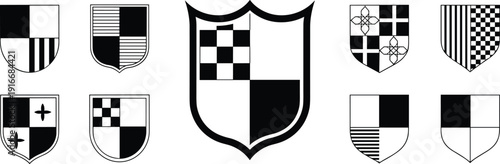 Heraldic shields collection with medieval coat of arms, geometric patterns, symbolic emblems, traditional heraldry designs, historical identity representation
