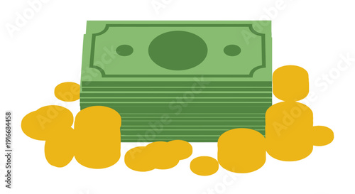 Stack of Green Money Bills and Gold Coins Illustration.