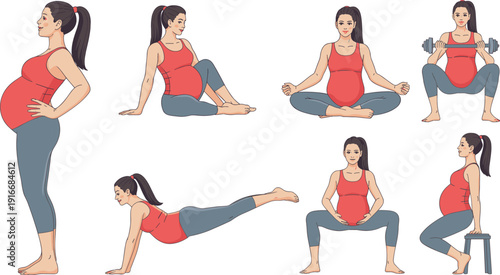 Pregnant woman performing safe prenatal fitness exercises, yoga stretches, meditation, squats, planks, and healthy pregnancy workout routines