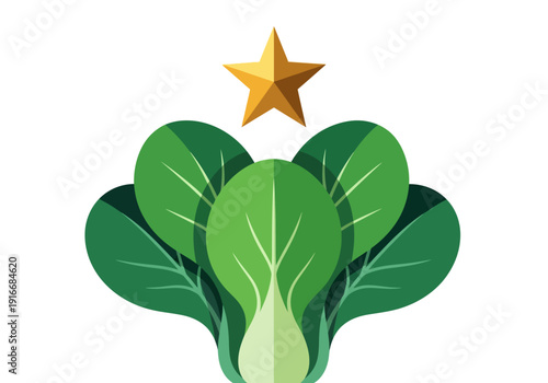 Golden Star Above Fresh Green Bok Choy Leaves.