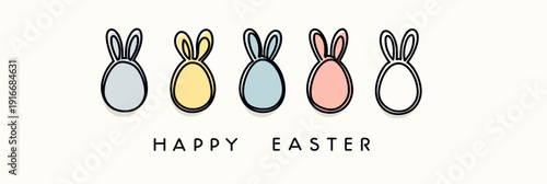 Easter eggs with bunny ears and Happy Easter text. Happy Easter greeting card. Pastel colored eggs with bunny ears and Happy Easter text, celebrating spring holiday