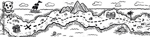 Hand drawn treasure map illustrating pirate island adventure. Hand drawn treasure map showing an island with mountains, palm trees, ships, and marked treasure