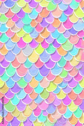 Pastel rainbow mermaid scales seamless pattern background. Cute iridescent texture creating a dreamy fantasy wallpaper for packaging