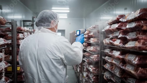 Medium shot of a worker inspecting chilled meat in a cold storage room checking temperature and packaging to ensure freshness and safety standards.