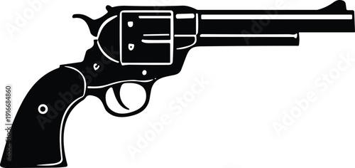 Classic revolver handgun silhouette with long barrel, detailed firearm vector illustration, minimal Western design for decorative art, isolated graphic icon