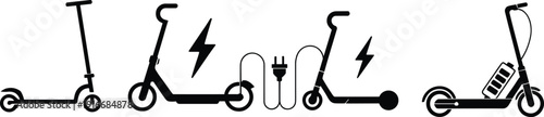 Electric scooter icons set isolated on white background, e scooter silhouette collection with battery and charging symbols for mobility design
