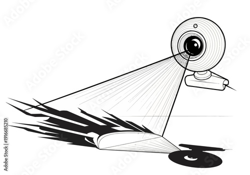 Webcam lens projecting light beam onto object casting shadow.