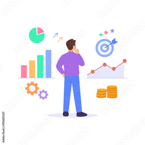 Forecasting Outcomes, predicting potential results and impacts, Flat vector character illustration