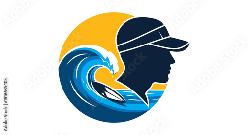 Surfer Silhouette with Ocean Wave and Surfboard Logo.