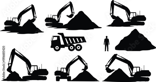 Excavator and Dump Truck Silhouette Set Showing Heavy Construction Machinery Moving Soil and Gravel Isolated on White Background