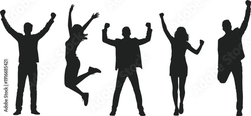 Silhouetted group of people celebrating success, joyful victory poses with raised arms, jumping figures expressing achievement and happiness