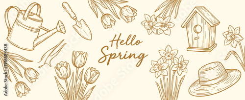 Hand drawn spring gardening banner. Sketchy watering can, birdhouse, tulips and tools. Vintage sepia ink line art. Vector illustration horizontal layout.