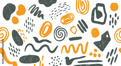 Abstract seamless pattern background. Hand drawn scribbles, swirls and organic geometric shapes. Grunge crayon texture with trendy memphis style. Vector illustration wallpaper.