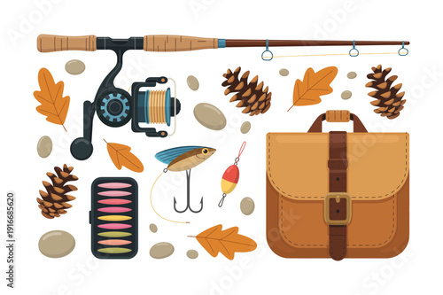 Fishing Gear and Outdoor Tackle Icon Set. Rod, Reel, Lures, Hooks, Float, Tackle Box and Backpack with Autumn Leaves and Pinecones. Camping and Angling Vector Illustration. Editable Stroke.