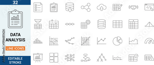 Professional data analysis outline icon set featuring analytics, statistics, dashboards, modeling, visualization, and reporting symbols in clean stroke style.