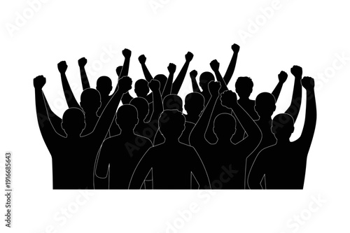 Protest Crowd Silhouette with Raised Fists. Demonstration Rally People in Black. Activism, Freedom and Unity Concept Vector Illustration.