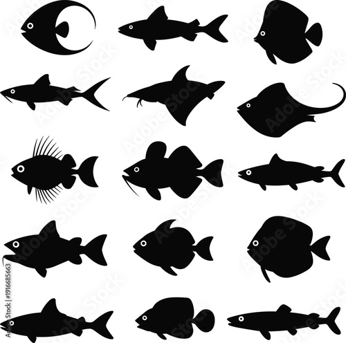 Fish silhouettes collection isolated on white background, marine life and freshwater species black vector set for ocean, aquarium and fishing design