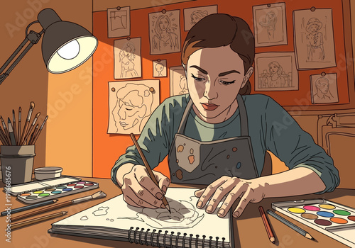 Young woman artist diligently drawing in her studio.