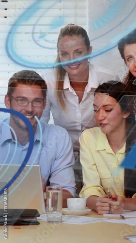 Vertical video: Lead holding pen urging team reviewing biz contract signing, blue swirls reflecting