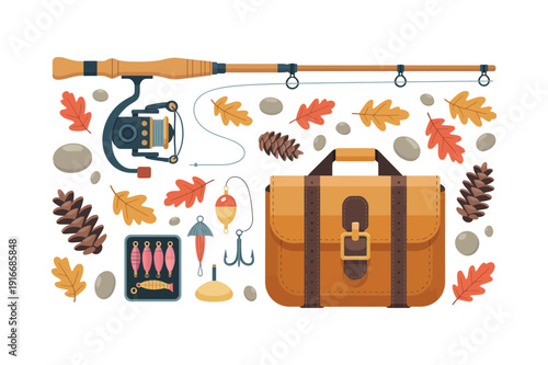 Autumn Fishing Equipment and Tackle Vector Set. Fishing Rod, Reel, Lures, Hooks, Leather Bag, Pine Cones and Fall Leaves. Outdoor Camping and Angling Collection. Colorful Flat Illustration.