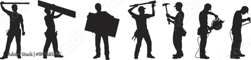 Silhouettes of construction workers using tools, hammer, saw, drill, level, teamwork, building industry, labor, occupational safety