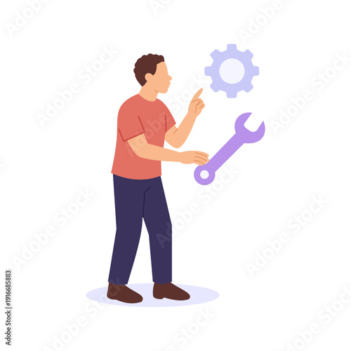 Troubleshooting System, diagnosing issues and restoring functionality, Flat vector character illustration