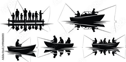 Fishing silhouettes collection with people on boats and pier, reflected on water, isolated on white background for outdoor sport, recreation, and nature design concepts