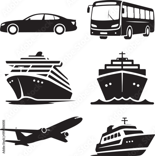 Transportation icon set featuring ship boat cruise ferry and other sea travel transport vector illustrations