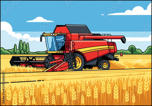 Red Combine Harvester Working in a Golden Wheat Field.