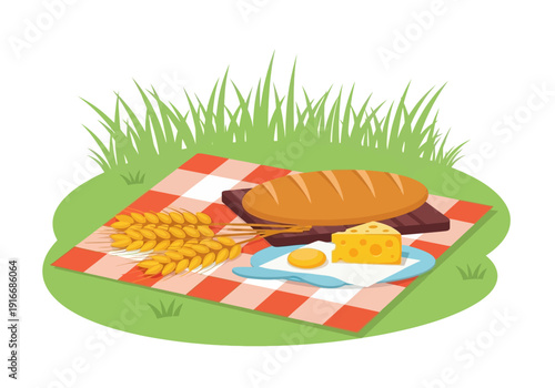 Picnic Blanket Spread with Bread Cheese and Wheat.