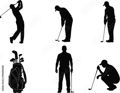 Golfer silhouettes set with swing, putting, standing poses and golf bag, isolated on white background for sports design and recreation concepts