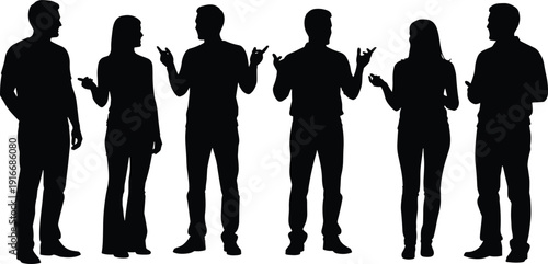 Group of people silhouettes talking and gesturing, isolated on white background, business communication concept illustration for teamwork, discussion, and social interaction