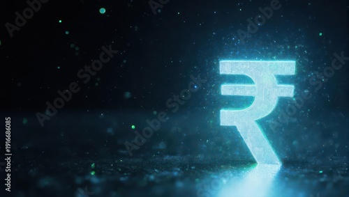 Glowing Indian Rupee Symbol on Dark Background with Sparkles.