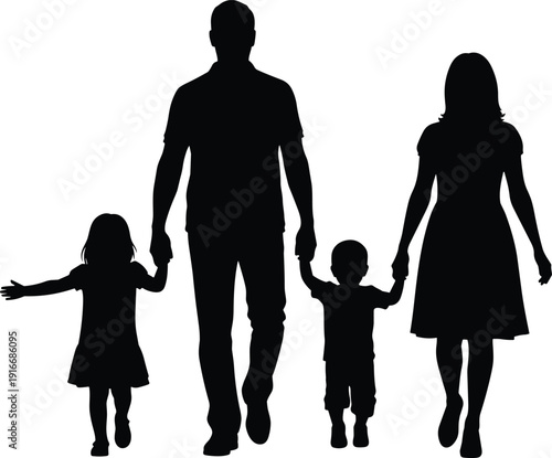 Happy family silhouette walking together holding hands with parents and children isolated on white background for love, parenting, and lifestyle concept design