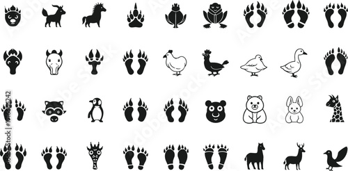 Crow silhouette illustration, standing upright and walking bird poses, expressive wildlife characters, black vector animal art design