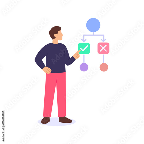 Visualizing the Decision, mapping scenarios and possible outcomes, Flat vector character illustration