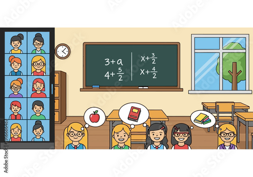 Children learning online in a virtual classroom setting.