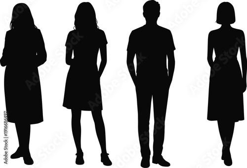 Silhouettes of diverse people standing side by side, three in dresses and one in pants, gender neutral representation