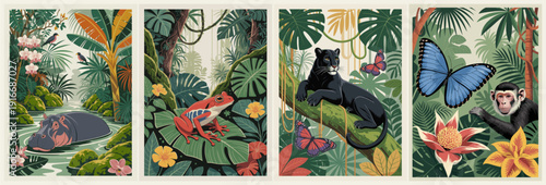 Set of four retro jungle posters featuring hippo, red frog, black panther, and chimpanzee with butterflies and tropical foliage in vibrant, flat-color illustrative style.