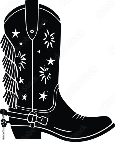 Decorative cowboy boot silhouette with stars, fringe, and spur, detailed Western fashion vector illustration, minimal culture design, isolated graphic icon