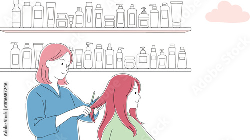 Flat vector illustration of a hair stylist cutting a client's hair in a salon with product shelves