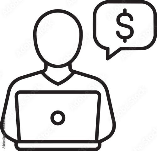 Online earnings concept showing person at laptop with dollar sign speech bubble representing digital income generation