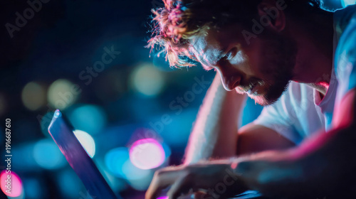 Stressed man sitting at laptop with hands on head, overwhelmed by problems and paperwork at night