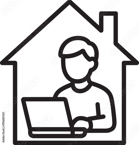 Work from home illustration depicting person using computer inside house structure representing remote employment and telecommuting