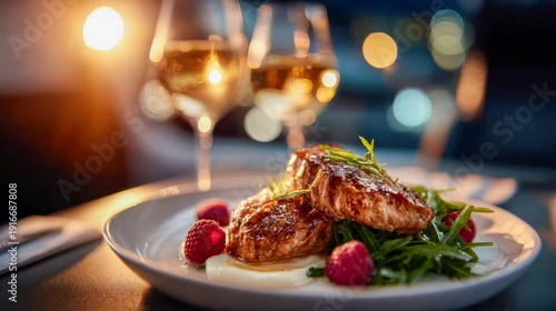 Luxury private jet dining with steak and champagne glasses by the window at sunset