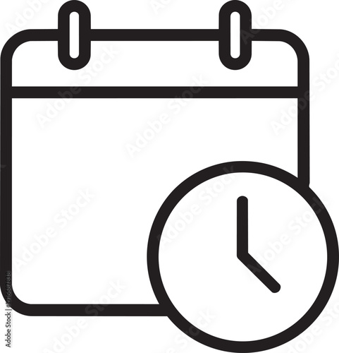 Time management and scheduling icon showing calendar page with clock face representing deadlines and planning tasks